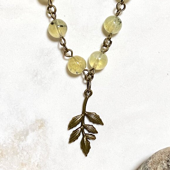 Natural Yellow Green Prehnite Necklace, Bronze Leaf Branch + Genuine Gemstone - Picture 4 of 16